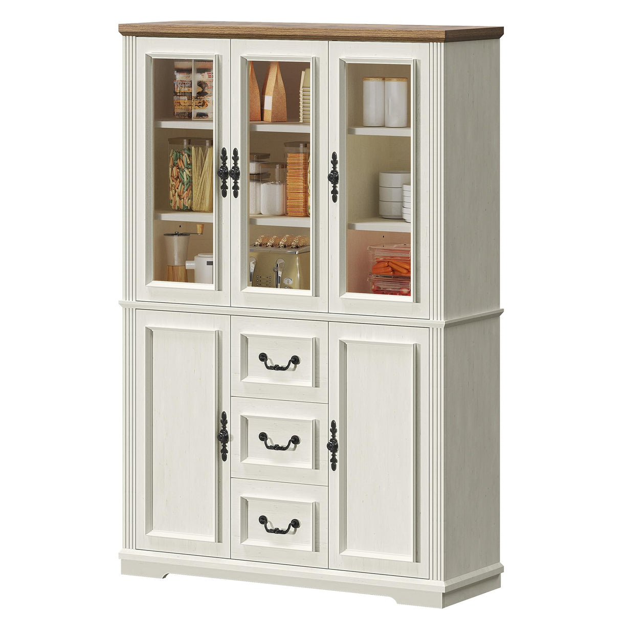 DWVO Large Storage Cabinet, 72" Tall Kitchen Pantry with Glass Doors, Freestanding Glass Display Cabinets with Adjustable Shelves & Drawers, Food China Hutch for Dining Room, Living Room, White DWVO