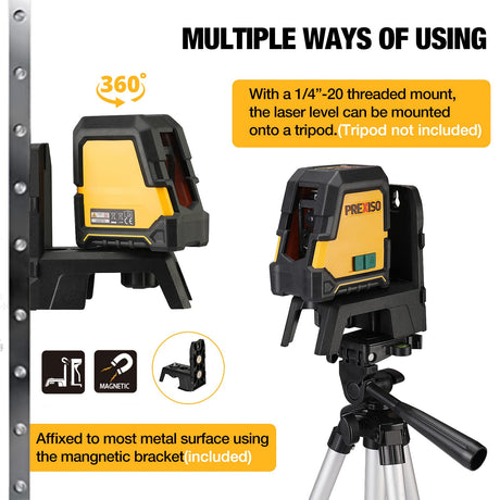 PREXISO Laser Level with Tripod - 100Ft Rechargeable Dual Modules Line Laser, Self Leveling Wide Angle Cross Leveler Tool for Construction, Floor Tile Renovation with Magnetic Base, Target Plate, Bag Prexiso