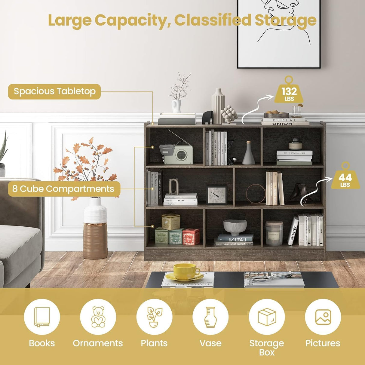 LDAILY 8 Cube Low Bookcase, 3 Shelf Horizontal Bookshelf, 3-Tier Storage Cabinet with Anti-Tipping Device, Modern Storage Shelves for Living Room, Classroom, Kids Room, Office (Gray) LDAILY