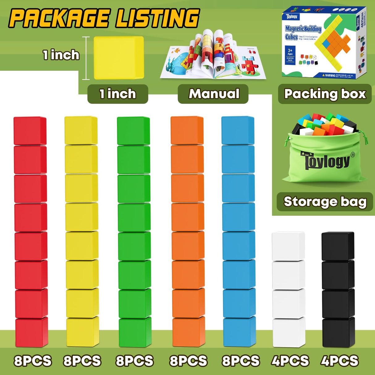 48PCS Magnetic Blocks for Toddlers Toys, Large Magnetic Cube Toys for Sensory STEM Education Preschool Magnet Toys for 3 4 5 6 Year Old Boys and Girls, Compatile with Mine Magnet World Toylogy