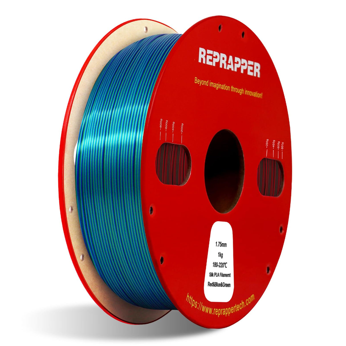 Reprapper Triple Color Filament Coextrusion PLA Filament 1.75mm for 3D Printer, Multicolor Like Dual Color Rainbow PLA, 2.2lbs (1kg), Silk PLA Red/Blue/Green RepRapper