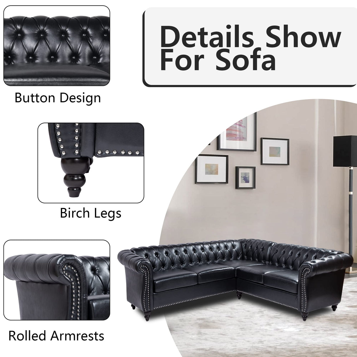 QHITTY L-Shaped Sofa, Sectional Chesterfield Leather Couch 5-Seater Upholstered Small Accent Tufted Sofa with Rolled Armrest and Nailhead Design for Living Room, Apartment, Office (Black) QHITTY