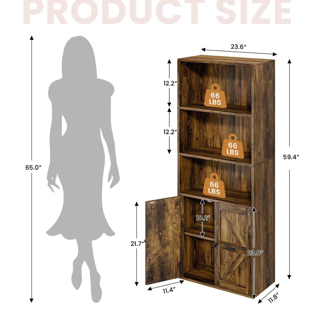 GRUSIGN 60 Inches Book Shelf Bookcase with Doors 5-Tier Floor Standing Wooden Tall Bookshelf with 2 Storage Cabinet and Adjustable Shelf for Home Office Living Room Brown GRUSIGN