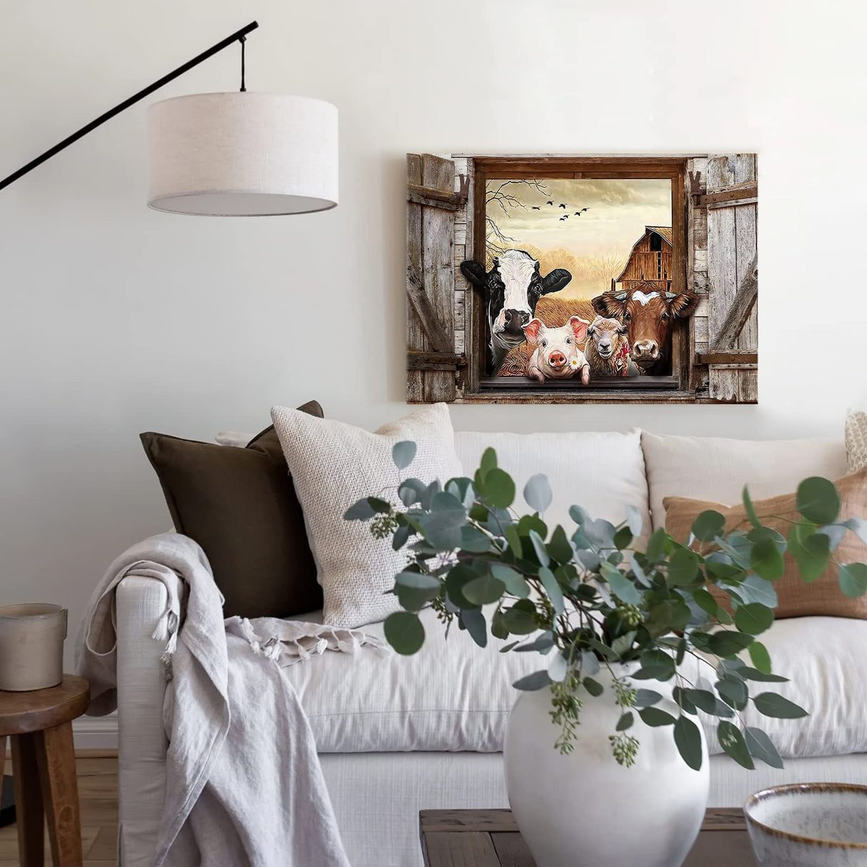 Kasluolo Farmhouse Animals Cow in Fake Window Wall Art Farmhouse Animals Landscape Picture Country Painting Wall Décor for Bathroom Bedroom Office Framed Artwork 12x16 inch Kasluolo