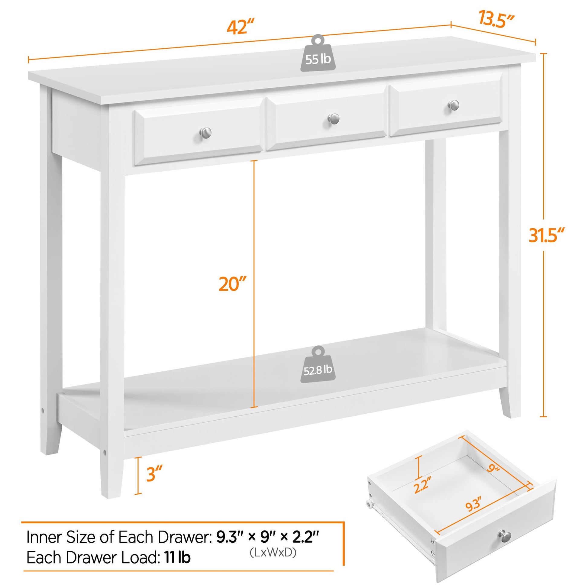 Yaheetech Console Table with 3 Drawers, 42" Entryway Table with Storage Shelves, Narrow Long Sofa Couch Table for Living Room, Hallway, Foyer, Hall, White - WoodArtSupply