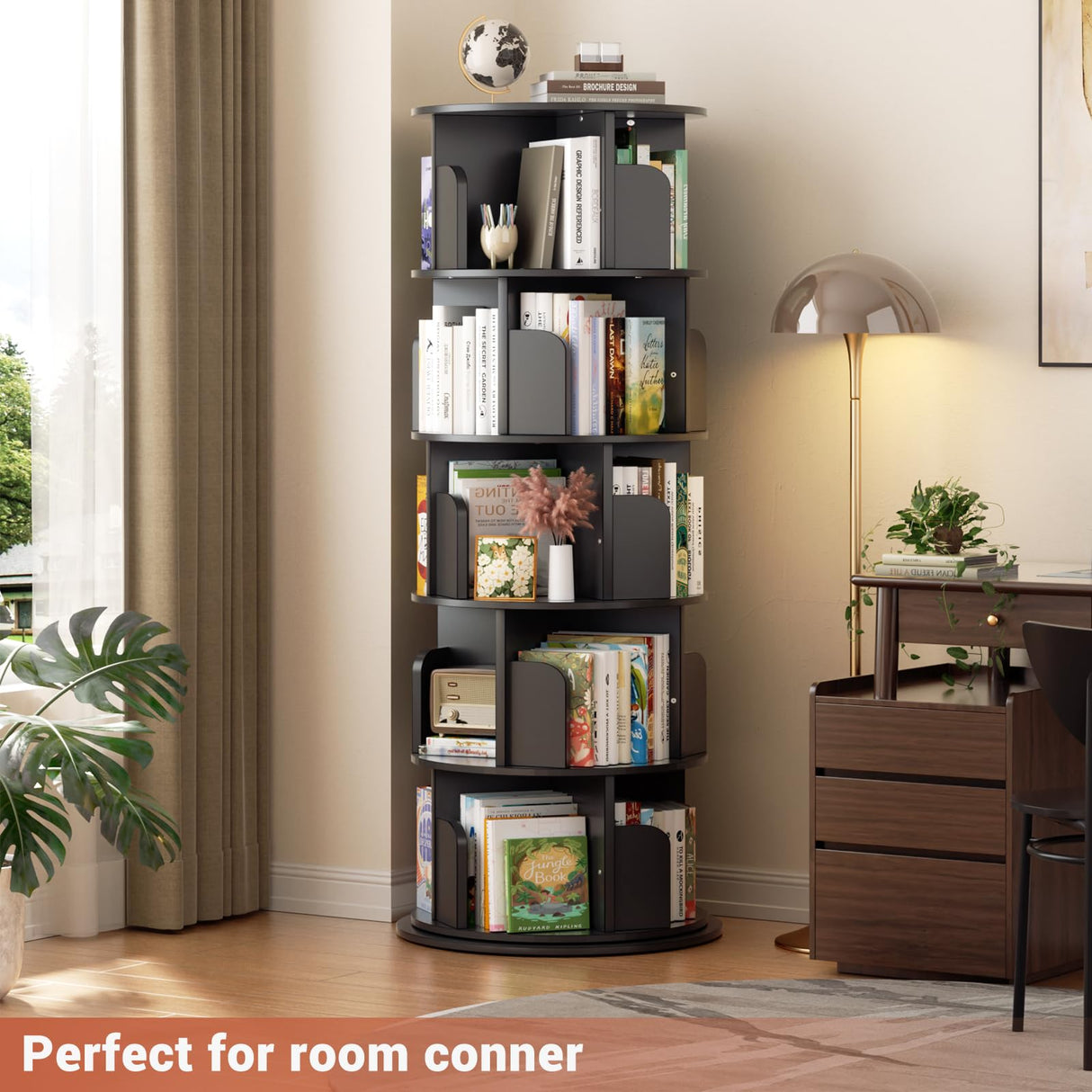 Besiost Rotating Bookshelf Tower, 5 Tier Spinning Bookcase, Revolving 360 Book Shelf Narrow Tall Bookcase, Vertical Turning Round Bookshelf Organizer, Wood Corner Book Shelf for Small Space, Black Besiost
