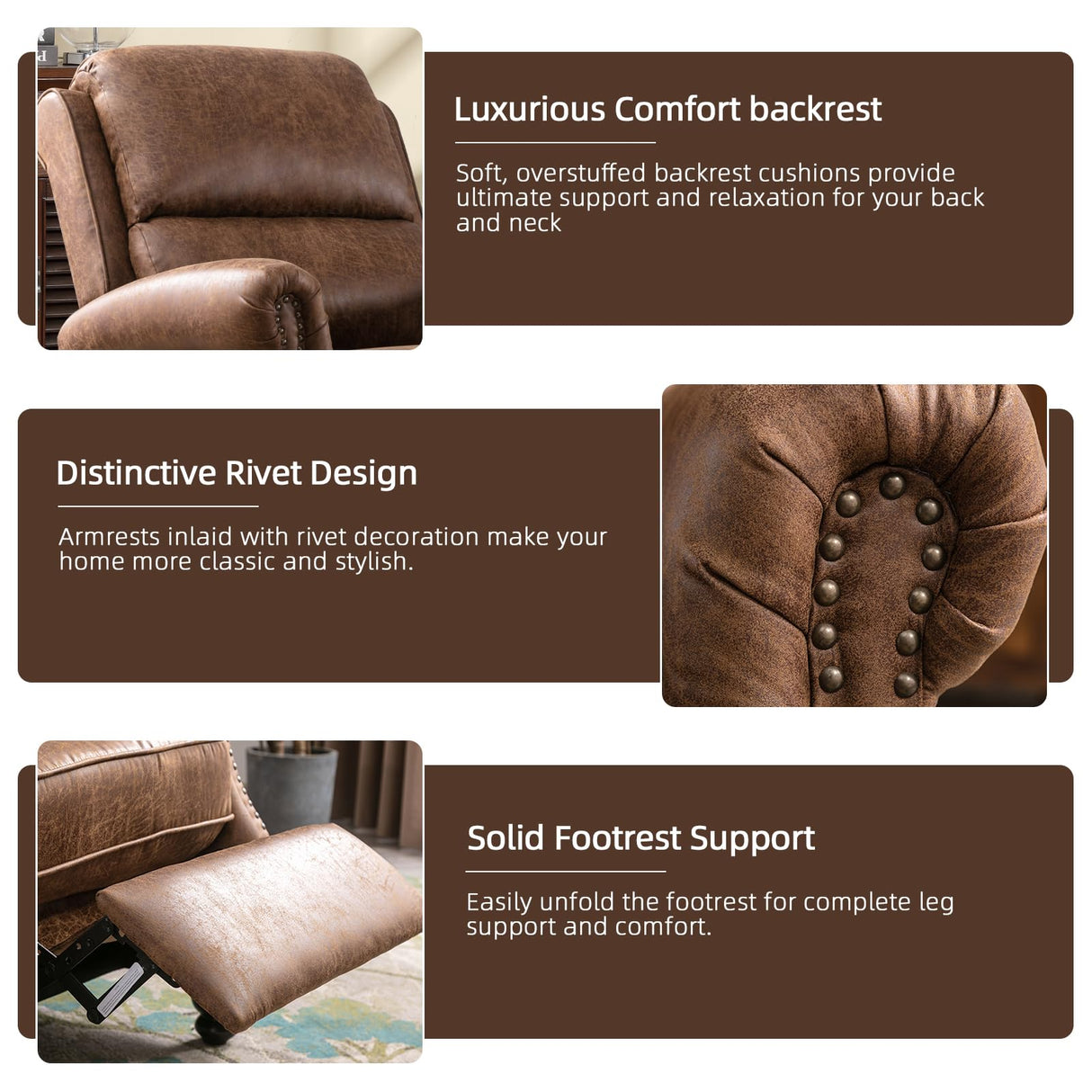 IOMOR Push Back Recliner Chair Faux Leather Lounge Armchair with Rivet Decoration Wingback Single Sofa Chair with Padded Seat Solid Wood Legs for Living Room, Comfy Upholstered Set of 2, Chocolate IOMOR