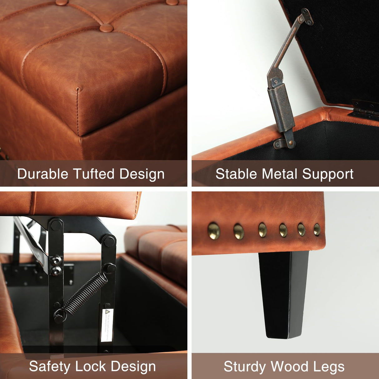 FiveWillowise Square Leather Ottoman with Storage, Leather Coffee Table Ottoman with Lift Top, Large Upholstered Footrest Stool Toy Box Storage for Livingroom Bedroom, Brown FiveWillowise