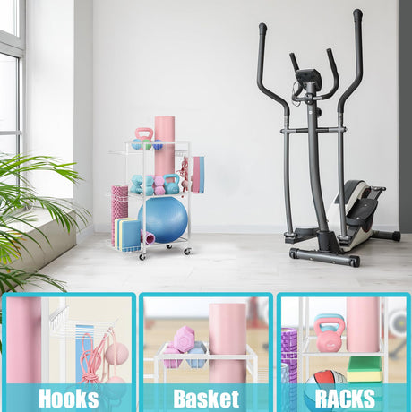 LIANTRAL Yoga Mat Storage Rack - Metal Gym Organizer for Yoga Mats, Foam Rollers & Fitness Equipment, Space Saving Workout Equipment Storage Rack for Home Exercise and Fitness Gear, White LIANTRAL