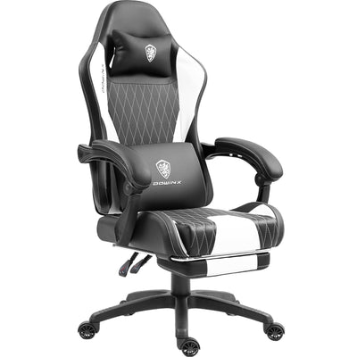 Dowinx Gaming Chair with Pocket Spring Cushion, Massage Game Chair Leather with Headrest, Ergonomic Computer Chair with Footrest 290LBS, White