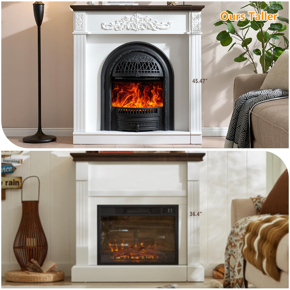 45" Birdcage-Style Electric Fireplace with Mantel, 46" Tall Fireplace TV Stand, Farmhouse Entertainment Center with Storage & Replaceable Insert Heater for Living Room, White+Walnut SOOWERY