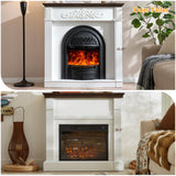 45" Birdcage-Style Electric Fireplace with Mantel, 46" Tall Fireplace TV Stand, Farmhouse Entertainment Center with Storage & Replaceable Insert Heater for Living Room, White+Walnut SOOWERY