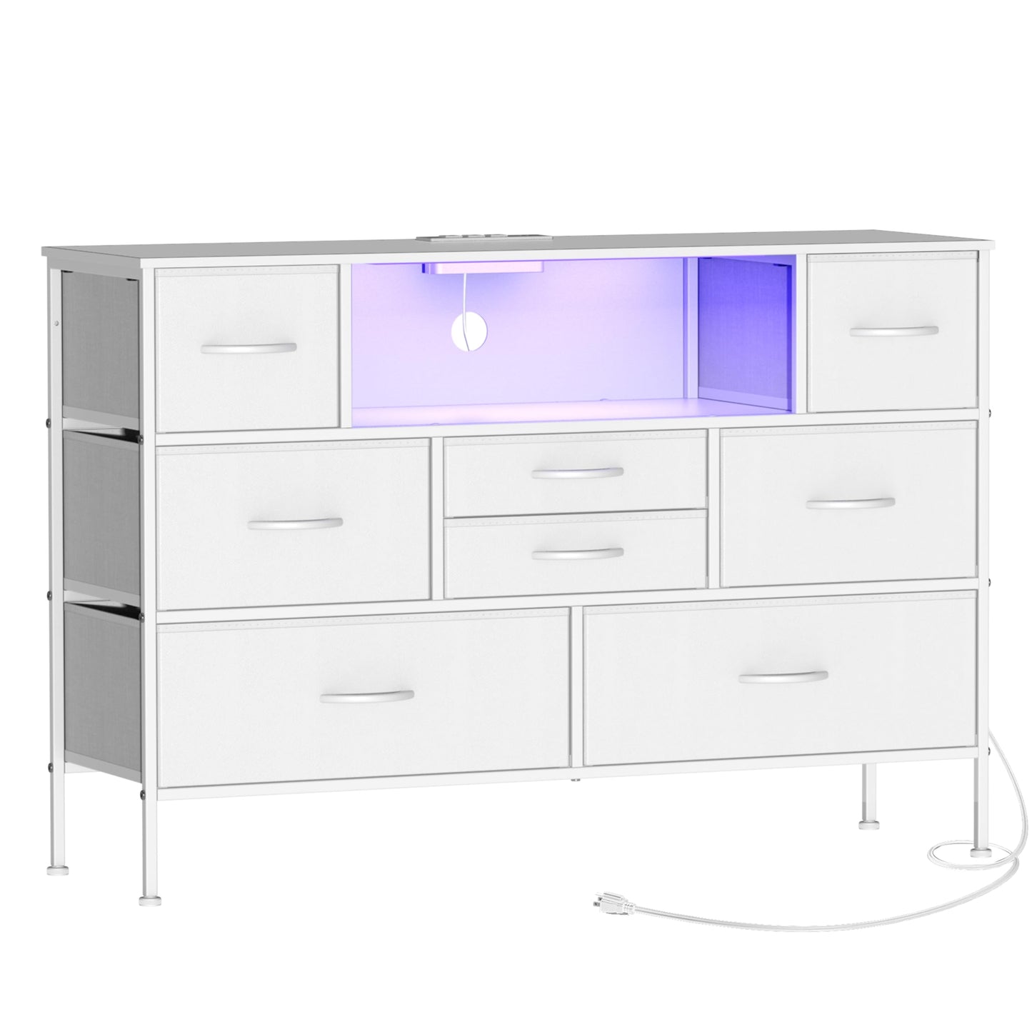 Simoretus Dresser with Charging Station and LED Light for Bedroom 8 Fabric Drawers with PU Finish Long Wide Dresser Chest of Drawers Open Shelf for Living Room TV Stand Closet Hallway (White) - WoodArtSupply