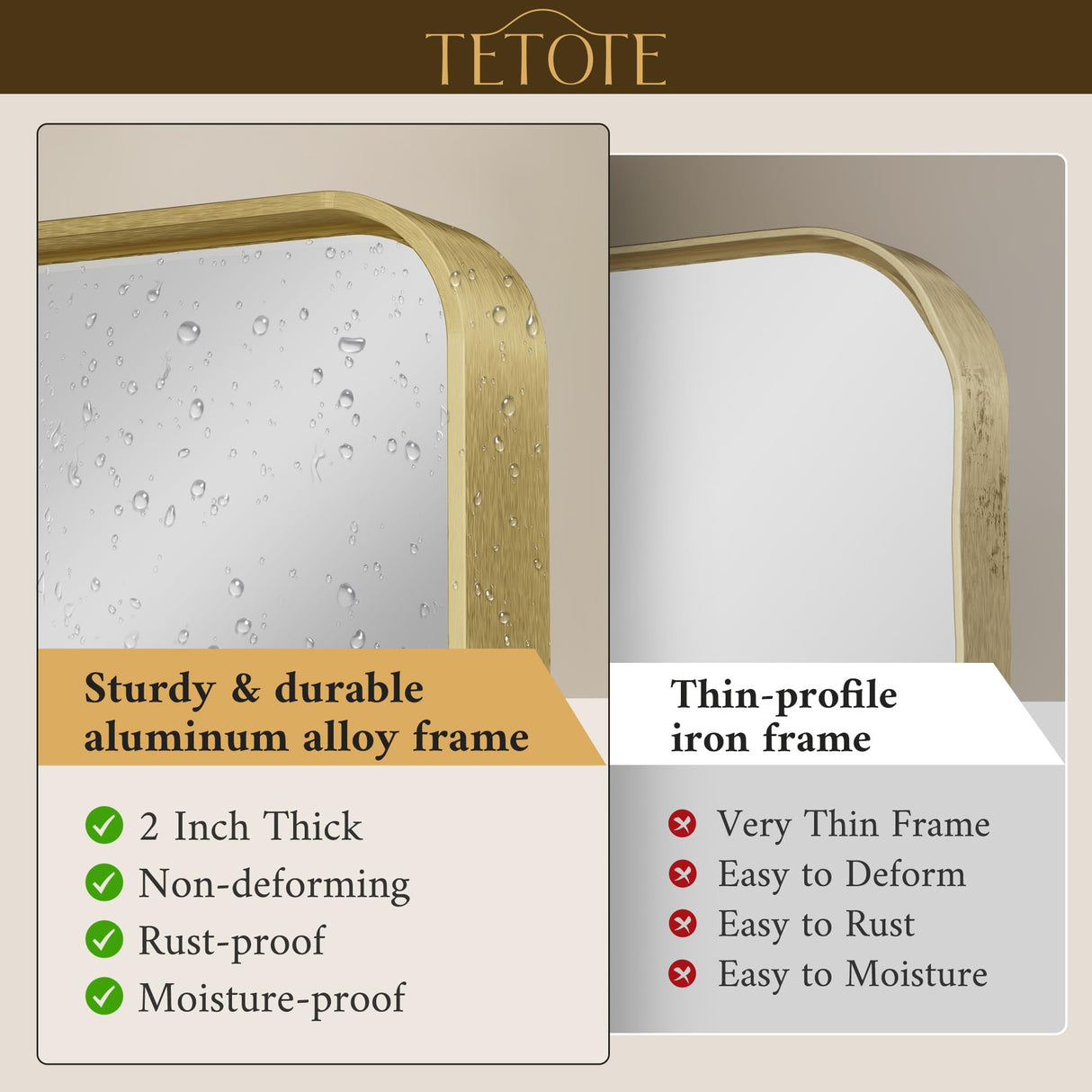 TETOTE 60 x 40 Inch Brushed Gold Frame Mirror, Brass Bathroom Vanity Mirror for Wall, Modern Rectangle Round Corner Matte Framed Mirror (Horizontal/Vertical) TETOTE