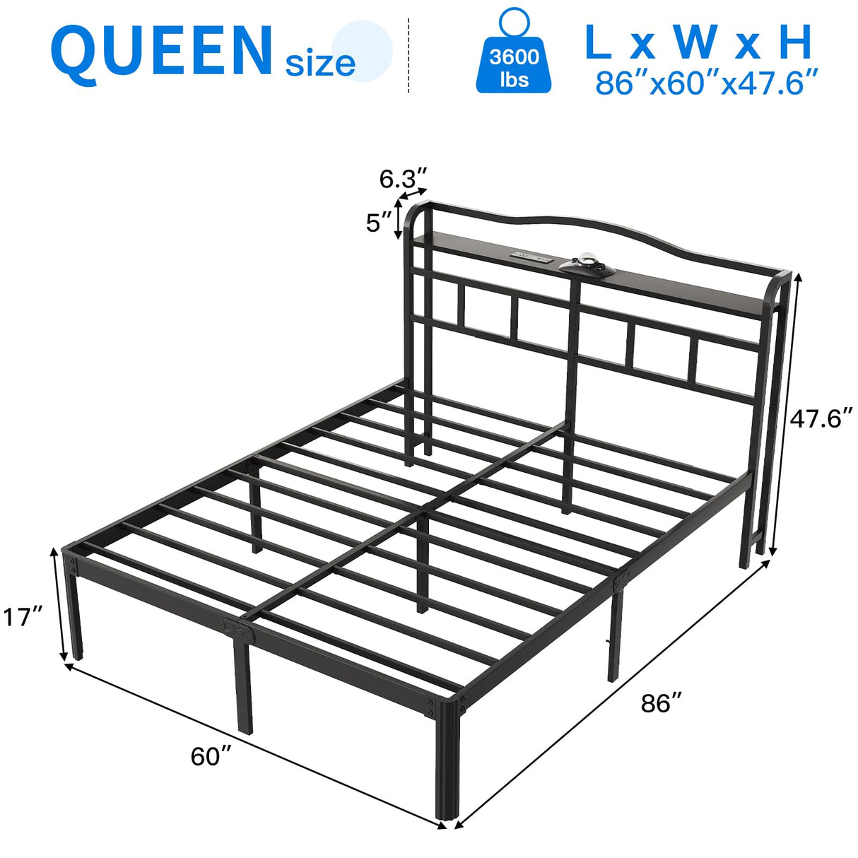 UOMEUR Queen Size Bed Frames with Smart Outlet and Galaxy Holographic Projection Lights,47.6" H Heavy Duty Metal Headboard,17" Hidden Storage,No Box Spring Needed/Noise-Free/Easy Assembly UOMEUR