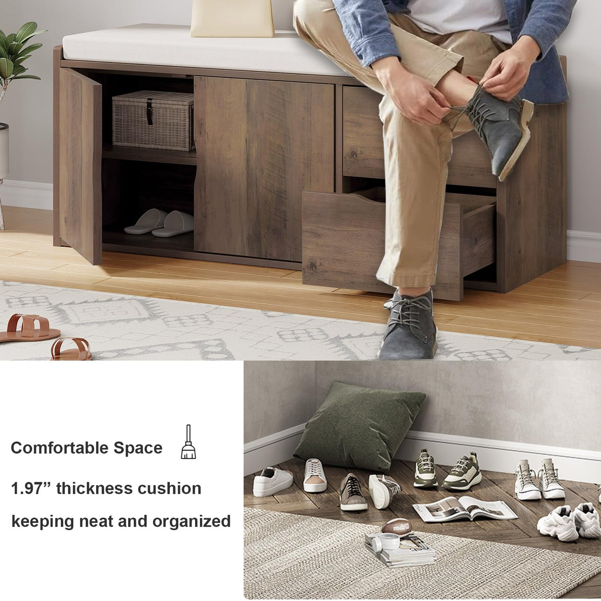 LVB Entryway Bench with Storage, 40” Storage Bench with Padded Cushioned Seat, Farmhouse Shoe Bench with 2 Drawers Cabinet Shelf, Industrial Wood Shoe Rack Bench for Living Bedroom，Rustic Oak, 40in LVB