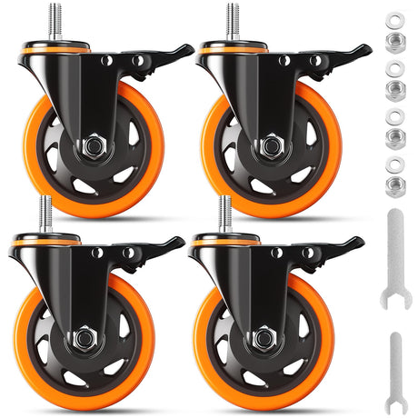 4 Inch Caster Wheels 2200Lbs, Threaded Stem Casters Set of 4 Heavy Duty, 1/2"-13 x 1 (Screw Diameter 1/2", Stem Length 1"), Safety Dual Locking Industrial Castors, Wheels for Cart, Furniture YUPEZOP