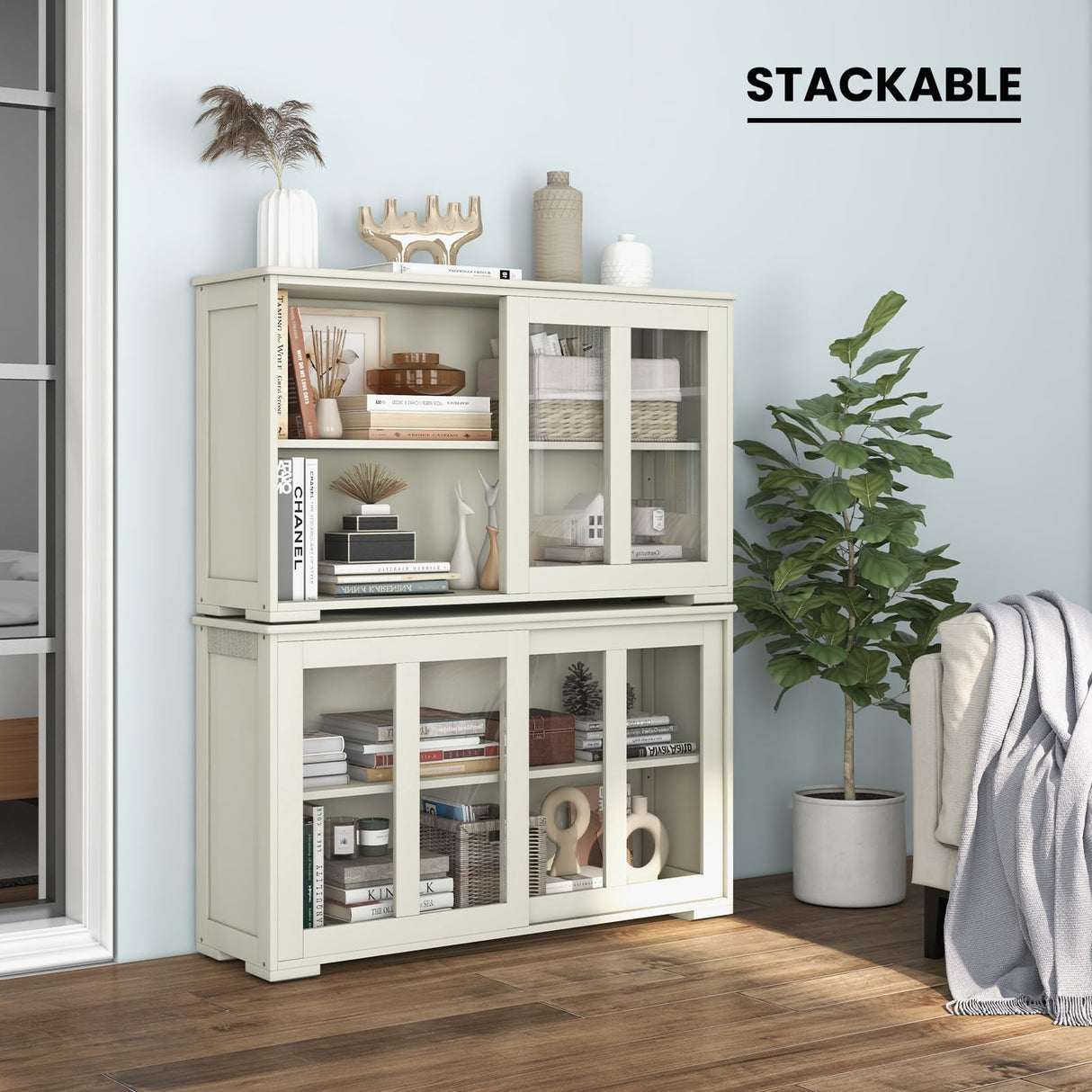 COSTWAY Buffet Sideboard with Storage, 2-Door Floor Cupboard with Sliding Tempered Glass Cabinet & Adjustable Shelf, Stackable Storage Cabinet for Kitchen, Entryway (White) COSTWAY