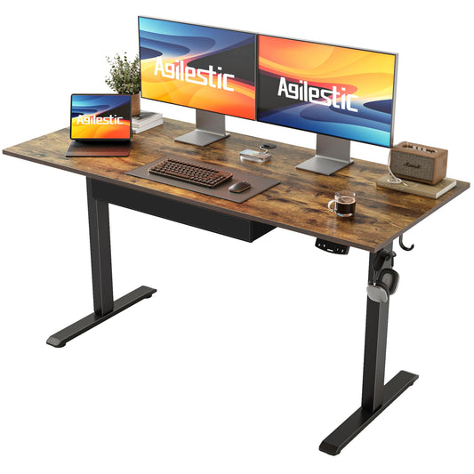 Agilestic Adjustable Height Electric Standing Desk with Storage Wooden Drawer, 55 x 24 Inches Stand Up Home Office Computer Gaming Table for Work Office Home, Rustic Brown