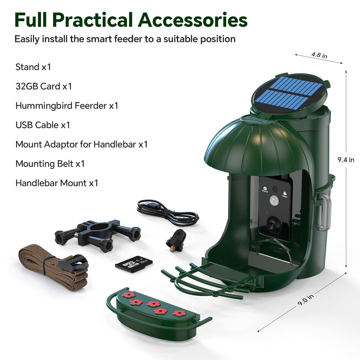 Relassy Bird Feeder with Camera, Waterproof Smart Bird Feeder with Camera Solar Powered for Outdoors, Rechargeable & Detachable 110° Bird Feeder Camera, Auto Capture Bird HD Videos & Photos, Green Relassy