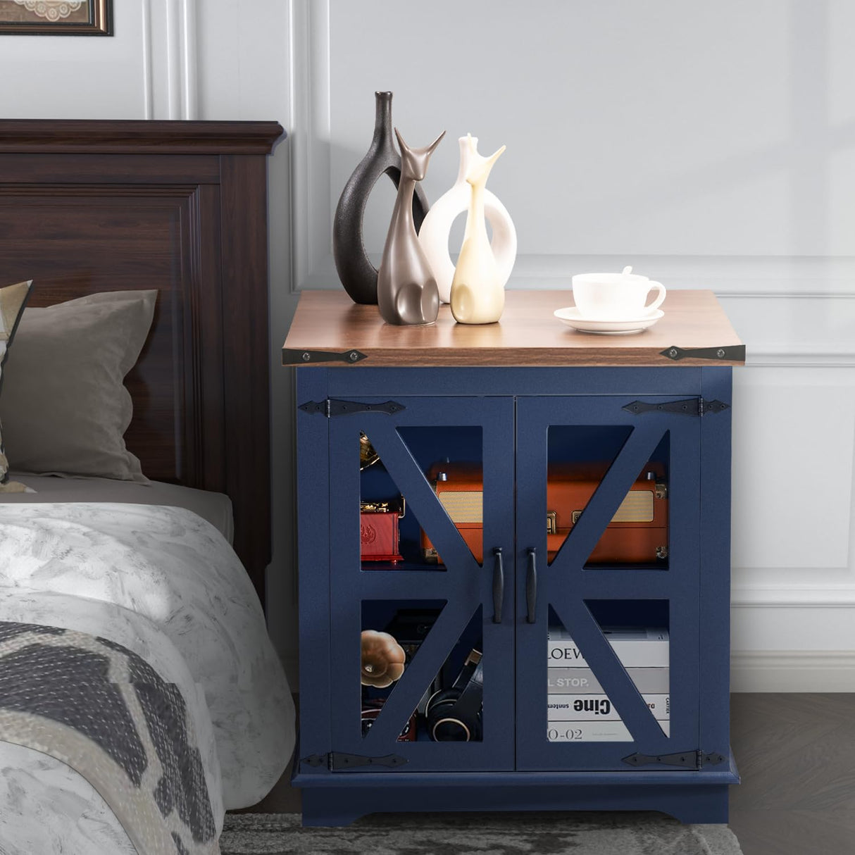 Beroxii Farmhouse End Table, 24" Large End Tables with Storage, Rustic Square Sofa Beside Table with Glass Barn Door, Wood Side Table Square Nightstand for Living Room, Bedroom, Office (Navy Blue) BEROXII