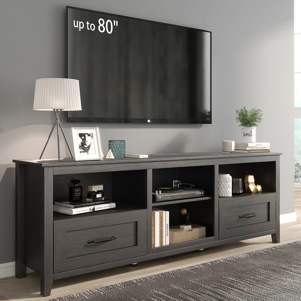 SAINTCY TV Stand for TVs up to 80", Large Television Stands with Drawers for Living Room, Farmhouse Entertainment Center with Storage and Shelves, TV Console Cabinet Furniture for Bedroom (Black) SAINTCY