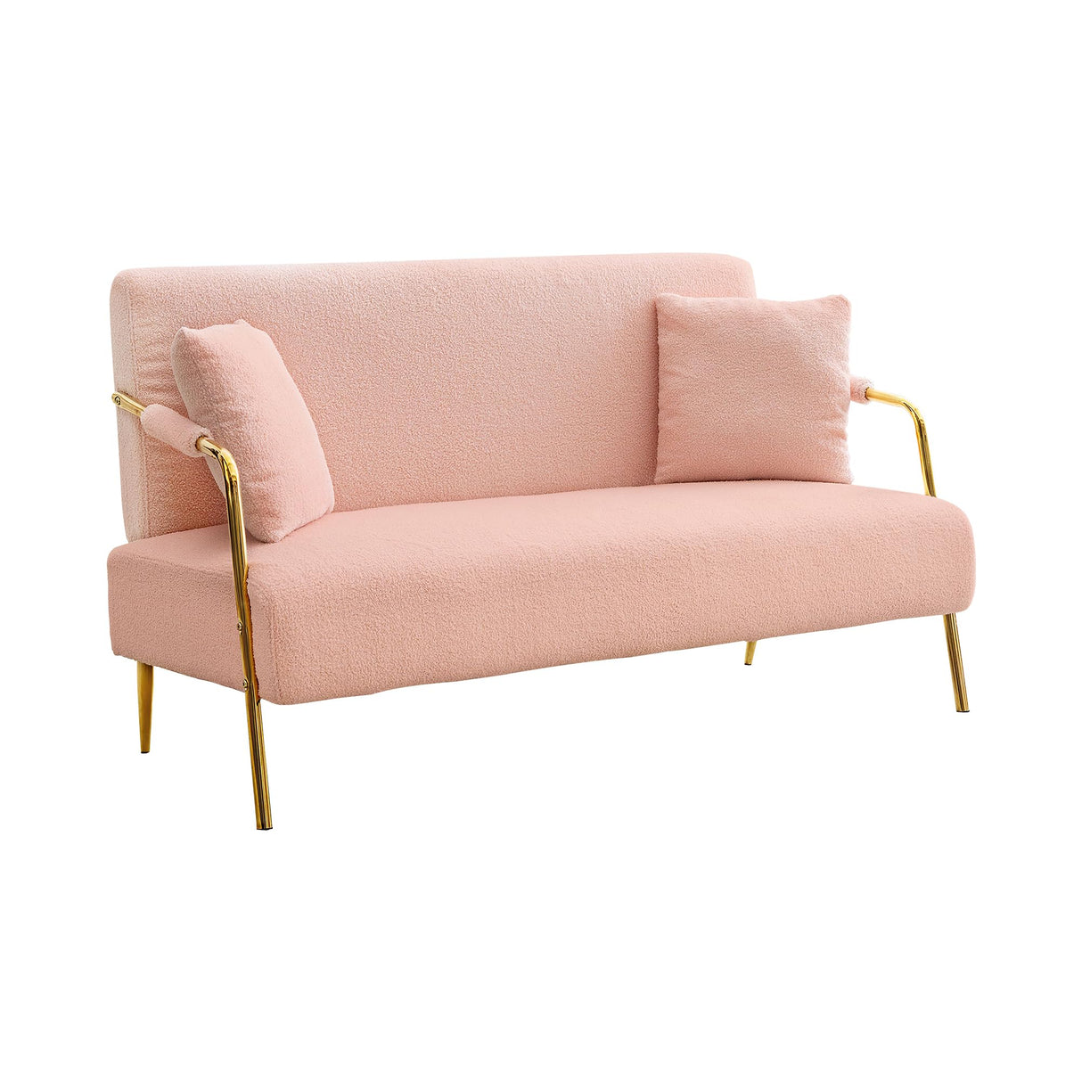 Dolonm 60" Bouclé Loveseat Sofa, 2 Seater Upholstered Sofa Couch with 2 Pillows, Mid Centry Teddy Fabric Sofa with Gold Metal Legs, Sofa for Small Space, Apartment, Office, Bedroom Dolonm