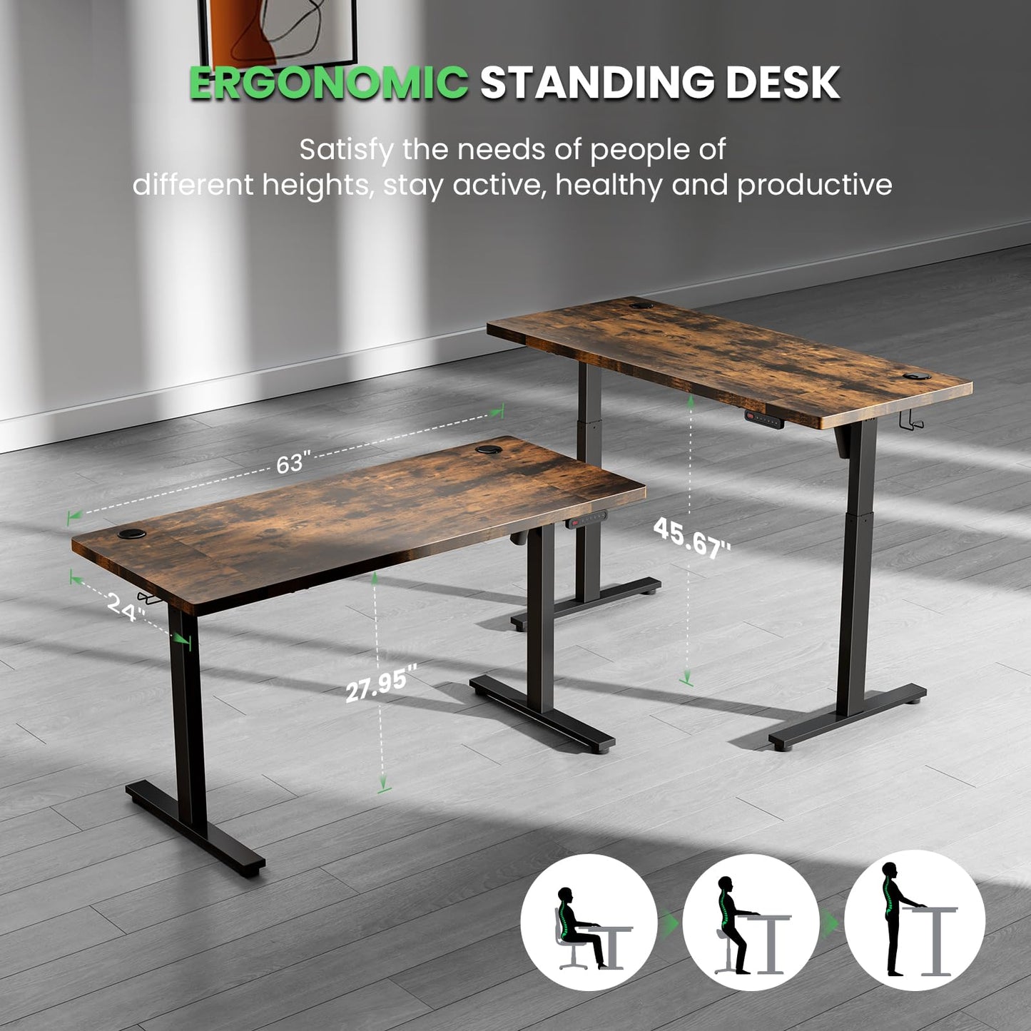 SIAGO Electric Standing Desk Adjustable - 63 x 24 Inch Sit Stand up Desk with Cable Management - 3 Memory Preset Adjustable Height Desk Computer Home Office Desk - WoodArtSupply