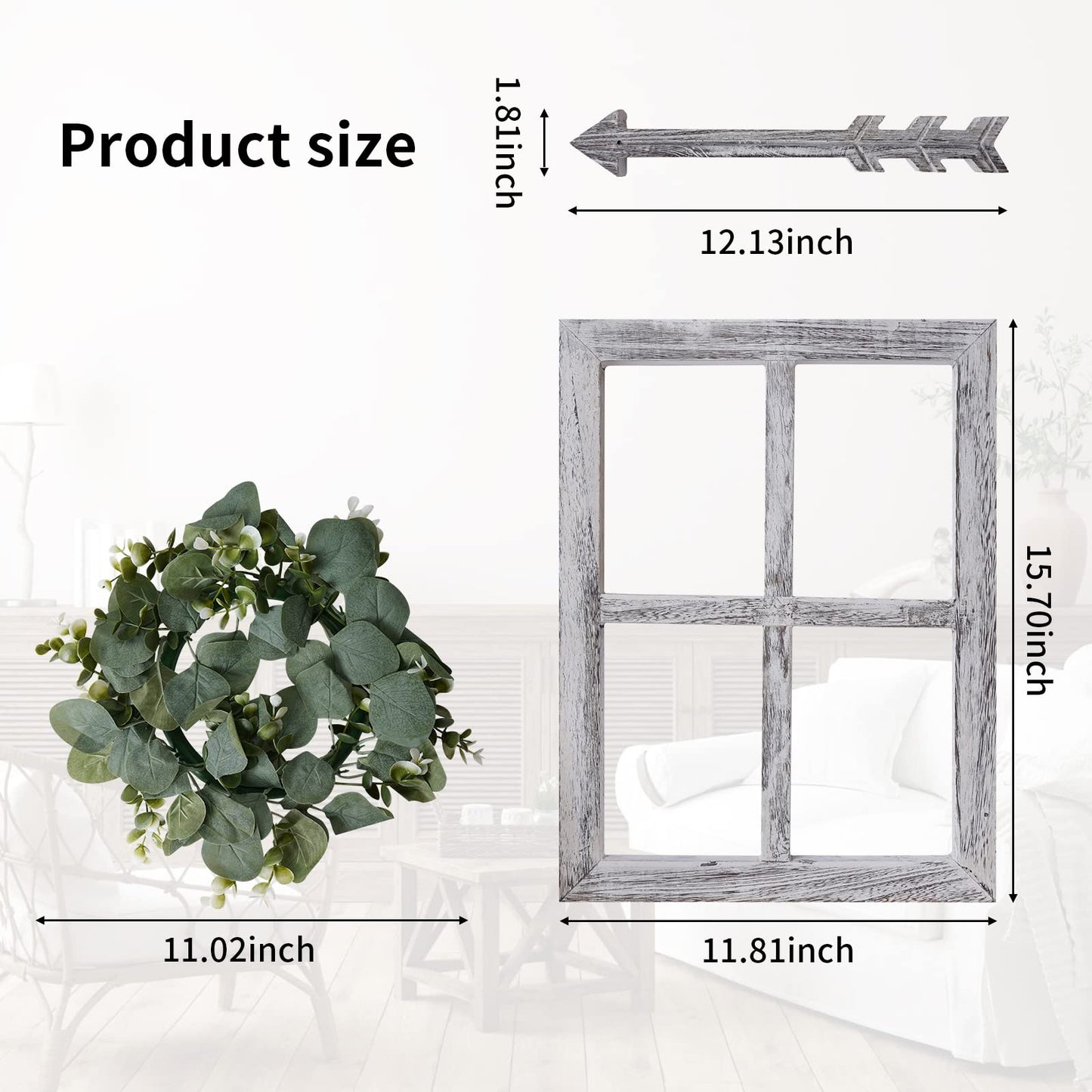 WAKOSAN Rustic Wood Window Frame with Green Wreath and Arrows Wall Decor，Farmhouse Window Frame Wall Decor, Wooden Fake Window Decoration,Window Pane Wall Decor,Set of 2 (White)