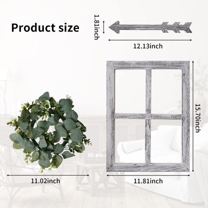 WAKOSAN Rustic Wood Window Frame with Green Wreath and Arrows Wall Decor，Farmhouse Window Frame Wall Decor, Wooden Fake Window Decoration,Window Pane Wall Decor,Set of 2 (White)