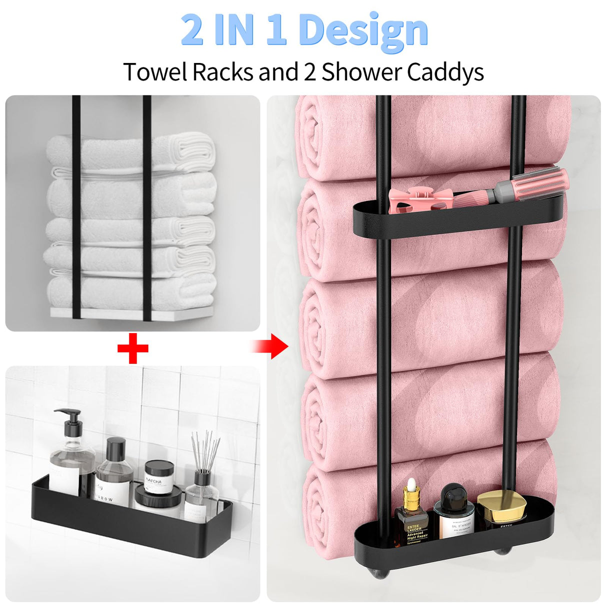 STWWO Bathroom Towel Storage, 36.4 Inch Towel Racks for Bathroom Wall Mounted with Shower Caddy with Metal Shelf, Black STWWO