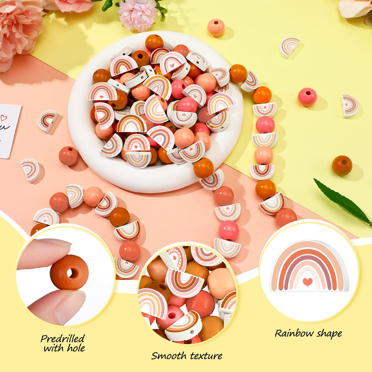 Waydress 200 Pcs Boho Rainbow Wooden Beads Rustic Farmhouse Wood Beads Natural Handmade Round Bead Polished Spacer Bead for DIY Necklace Bracelet Earrings Keychain Crafts Jewelry Making Waydress