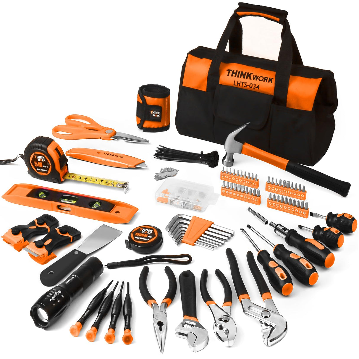 THINKWORK Tool Set - 207 Piece Portable Home Repairing Tool Kit, General Household Hand Tool Set with 13'' Wide Mouth Open Storage Tool Bag, Perfect for DIY, Home Maintenance, Handyman - Gift for Men THINKWORK