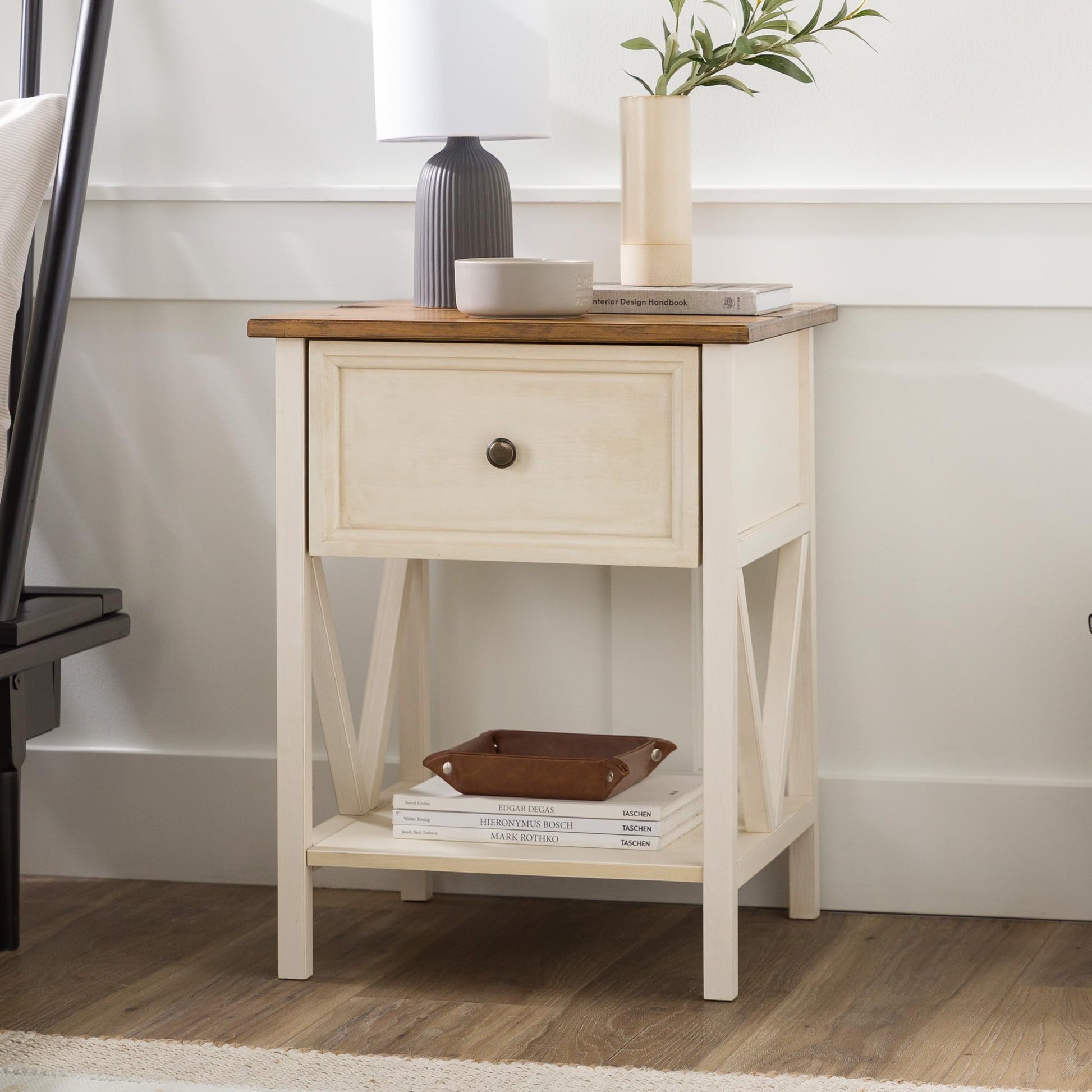 Walker Edison Natalee Modern Farmhouse 1 Drawer Wood Square Side Table Living Room Small End Accent Table, 19 Inch, Rustic Oak and White - WoodArtSupply