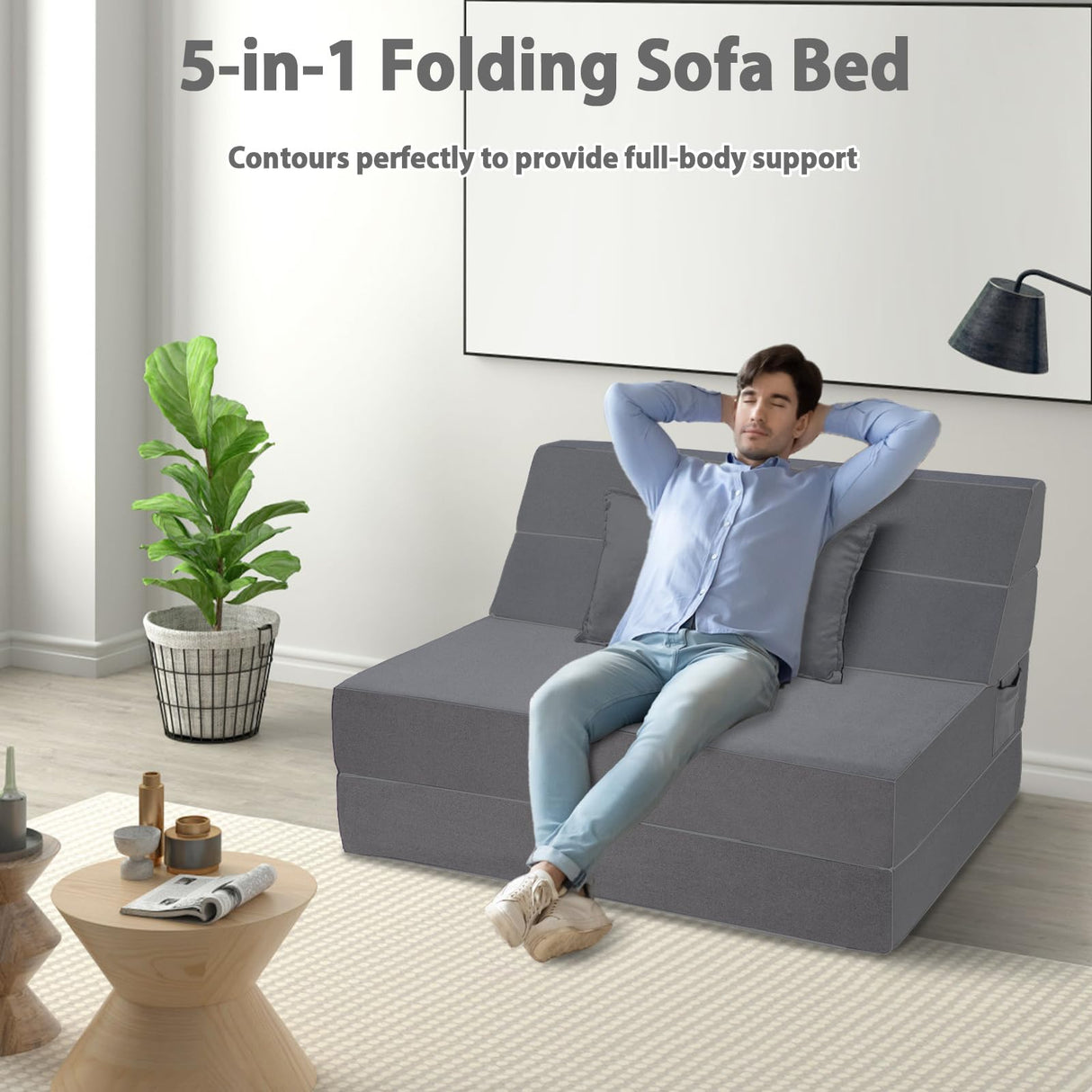 Youtanic 5 in 1 Folding Sofa Bed, Twin Size Convertible Sleeper Chair with Pillow, Memory Foam Futon Couch, Velvet Fabric Washable Mattress for Living Room, Dorm, Guest, Office, Apartment, Dark Gray Youtanic