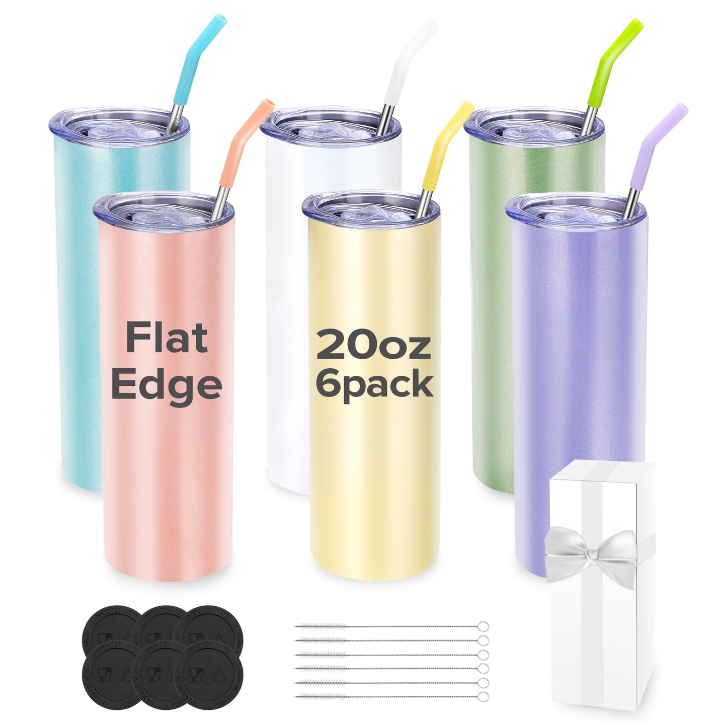 FASTSUB Sublimation Tumblers 20 oz Blank Bulk Glitter Cups Straight Skinny Stainless Steel Double Wall Vacuum Insulated with Lids and Straws Coaster for Tumbler Heat Press Multicolored 6 Pack