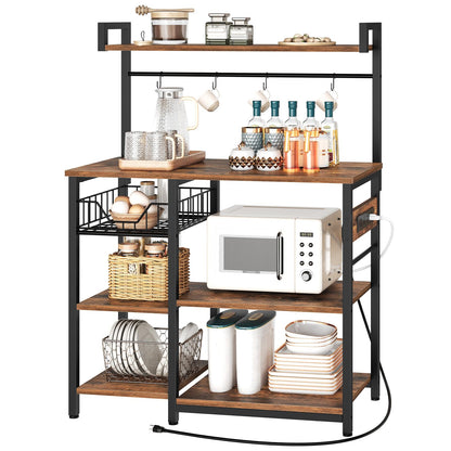 HOOBRO Bakers Rack with Power Outlet, 35.4 Inches Coffee Bar with Mesh Basket, Microwave Stand with 4 S-Shaped Hooks, Kitchen Bakers Rack with Storage, Easy to Assemble, Rustic Brown BF05HB01