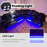 JBXBER Power Recliner Sectional Sofa Set with LED Lights, Leather Reclining Sectional Couch Sets with USB Ports, Cup Holders, Storage Console, L-Shaped Home Theater Seating for Living Room(Black) JBXBER
