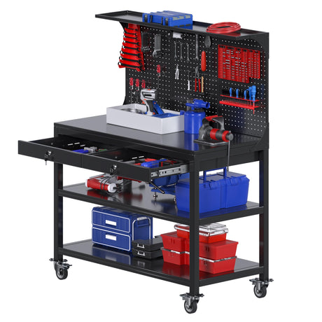 GLADIW Metal Workbench with Drawers, 59" H Steel Workbench with Shelves, Heavy Duty Work Table with Wheels, Work Benches with Pegboard for Garage, Home and Tool Room, Black, Assembly Required GLADIW