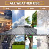 EROMMY 12'x14' Permanent Hardtop Gazebo with 12'x10' Outdoor Pergola, Metal Steel Canopy with Aluminum Composite Roof for Patio Lawn and Garden, Curtains and Netting are Included, Grey EROMMY