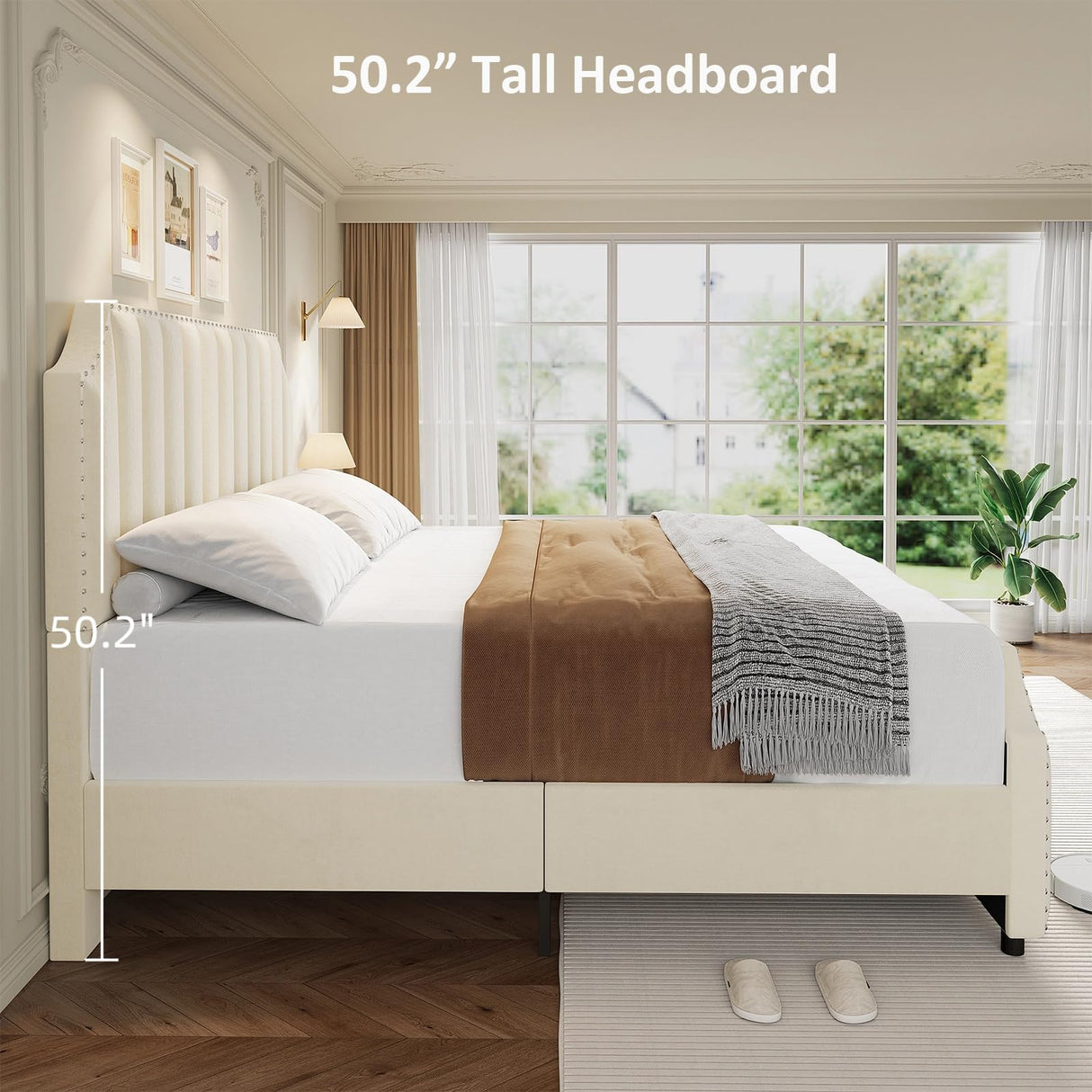 GarveeHome King Size Velvet Bed Frame, 50.2 in Tall Headboard & Footboard, Upholstered Platform King Bed Frame with Nailhead Trim, No Box Spring Needed, Noise Free, Solid Wooden Slats, Beige GarveeHome