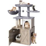HavenlyYouth Litter Box Enclosure with Cat Tree,Cat Tree with Litter Box Enclosure,Hidden Pet Washroom Furniture with Sisal Scratching Post,Hammocks,Condo,Multiple Platform,Soft Plush Perch, Grey HavenlyYouth