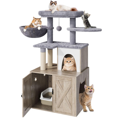HavenlyYouth Litter Box Enclosure with Cat Tree,Cat Tree with Litter Box Enclosure,Hidden Pet Washroom Furniture with Sisal Scratching Post,Hammocks,Condo,Multiple Platform,Soft Plush Perch, Grey