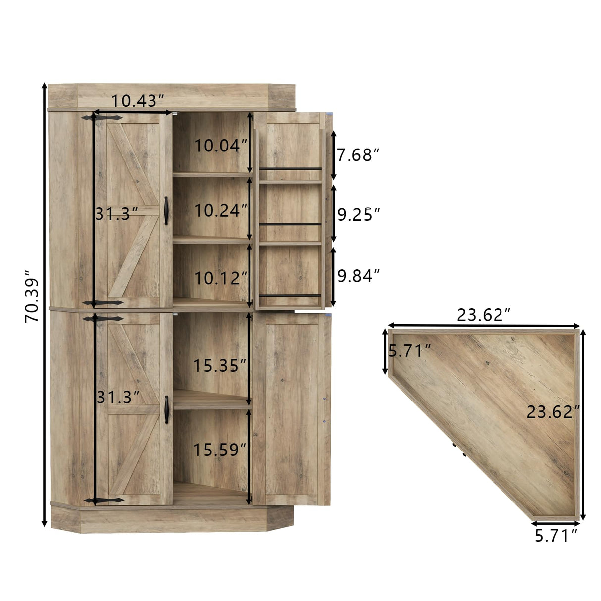 Gyfimoie Corner Cabinet,Kitchen Pantry Storage Cabinet,Freestanding Buffet Cabinet with 4 Doors and Shelves,Tall Food Pantry Cabinet Farmhouse Furniture with Side Rack for Kitchen Dining Room(Retro) Gyfimoie