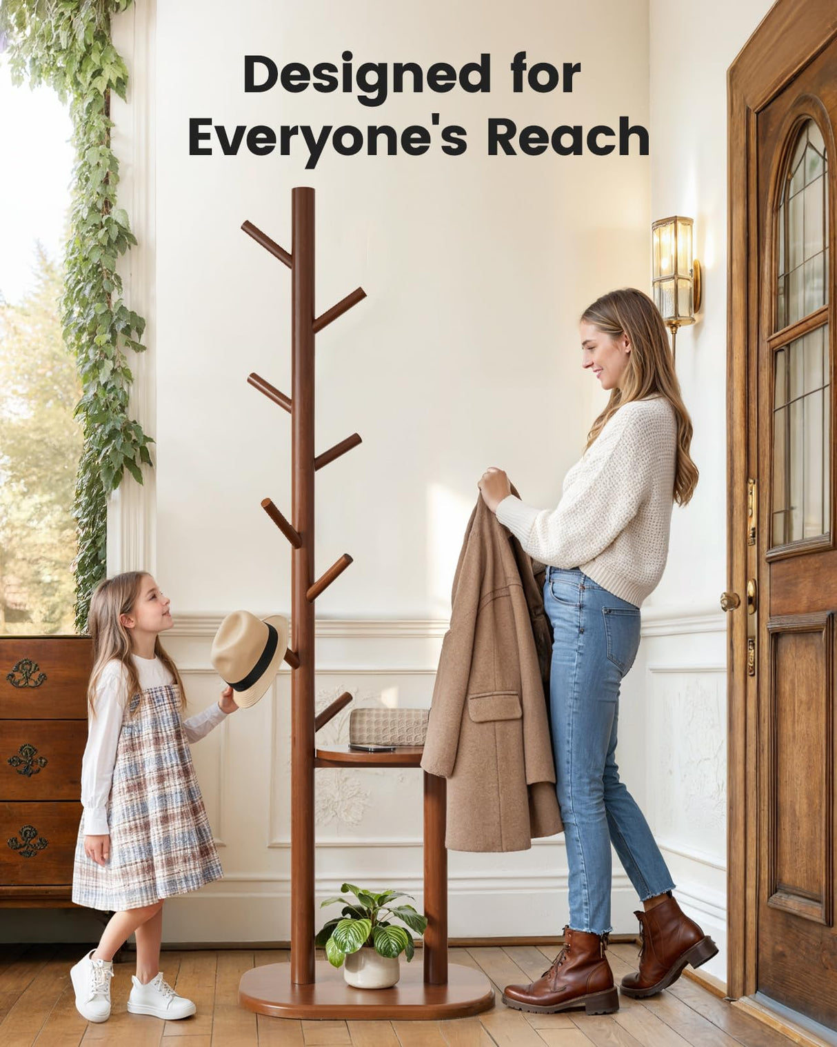 Pipishell Coat Rack, Freestanding Hall Tree with 8 Hooks & Storage Shelf, Solid Wood Base, 66.3″ Tall Coat Rack Stand for Coats, Hats, Bag in Entryway, Bedroom, Living Room, Brown, PIFCR11BN Pipishell