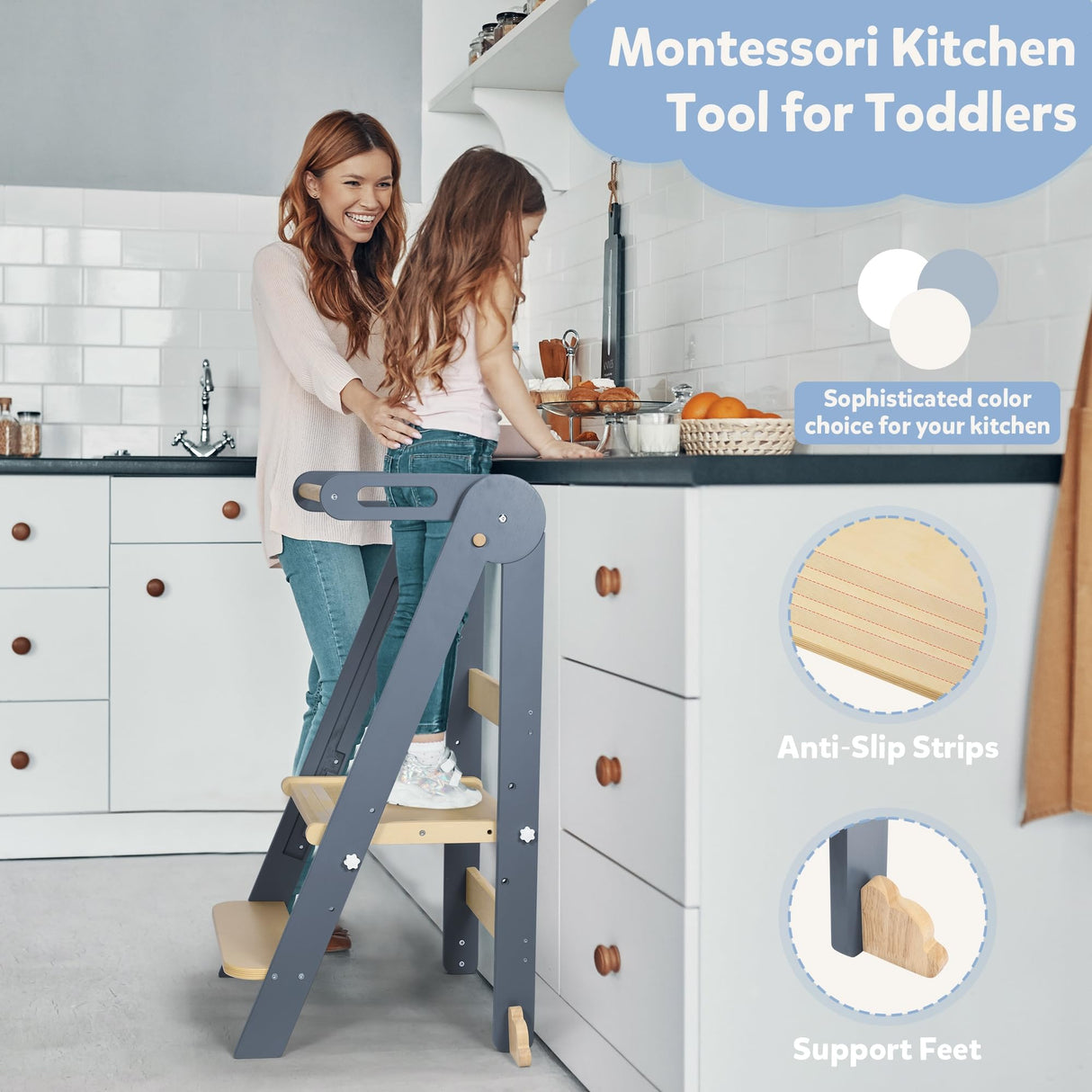 CONKKA Foldable Toddler Kitchen Step Stool with Hook, Pre-Assembled Wooden Folding Montessori Learning Helper for Kids, Toddlers Standing Tower with 3 Adjustable Height Stepping for Counter Sink-Gray CONKKA