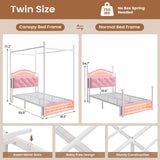 ADORNEVE Twin Canopy Bed Frame with LED Lights and Charging Station, Velvet Upholstered Platform Bed for Girls,Headboard with Charging Station & Guardrail & Crystal Button,Pink ADORNEVE