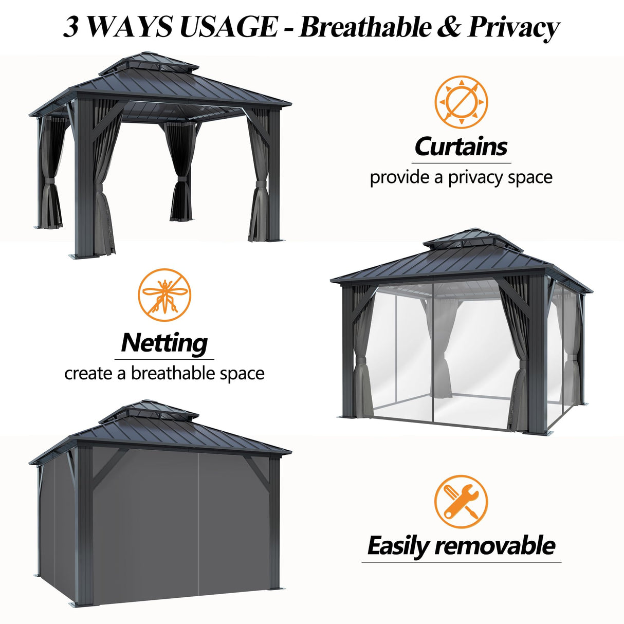 GARTOO 10x10FT Outdoor Hardtop Gazebo with Double Roof - Heavy-Duty Galvanized Steel Top Aluminum Frame Gazebo with Breathable Netting & Privacy Curtain for Patio, Porch, Garden, Lawn, Deck, Backyard GARTOO