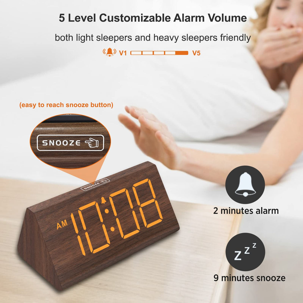 DreamSky Wooden Digital Alarm Clocks for Bedrooms - Electric Desk Clock with Large Numbers, USB Port, Loud Alarm for Heavy Sleepers, Adjustable Volume, Dimmer, Snooze, DST, 12/24H, Wood Décor (Brown) DreamSky