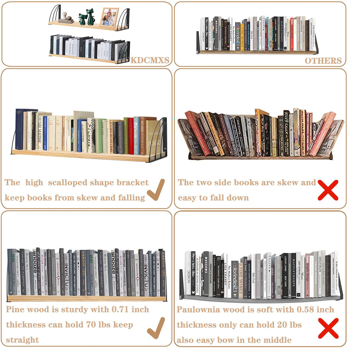 Long 36 inch Wall Bookshelf-Curved Fan-Shaped Design with Built-in Anti-Slip Book Stops|0.71" Thicker Heavy Duty Natural Wood Floating Shelves|Floating Book Shelves for Wall,Home Office Décor Set of 2 KDCMXS